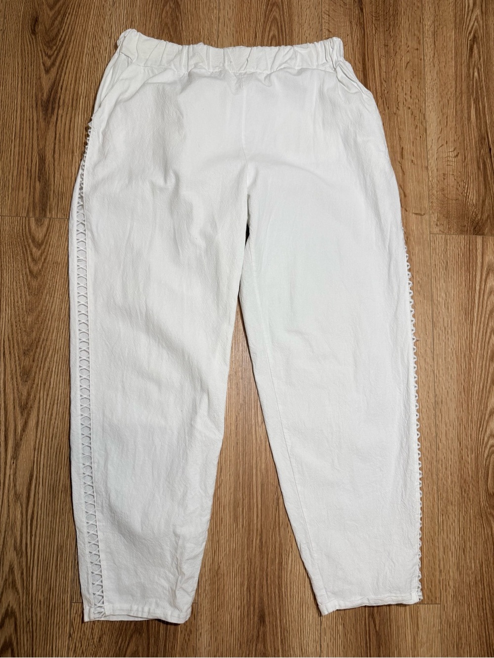 Women's White Linen Cotton Pants XL Elastic Waist Boho Lattice Trim Beach Summer